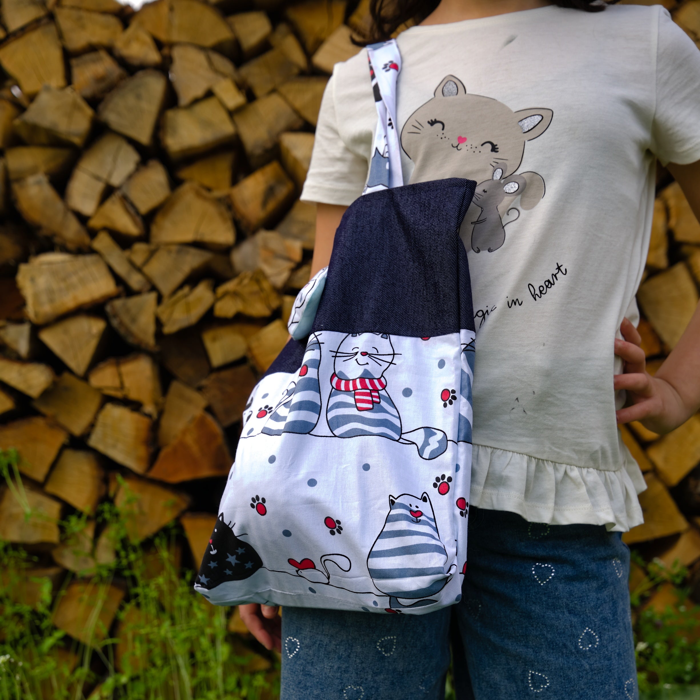 Shoulder Bag For Teenage Girls With Cat Print