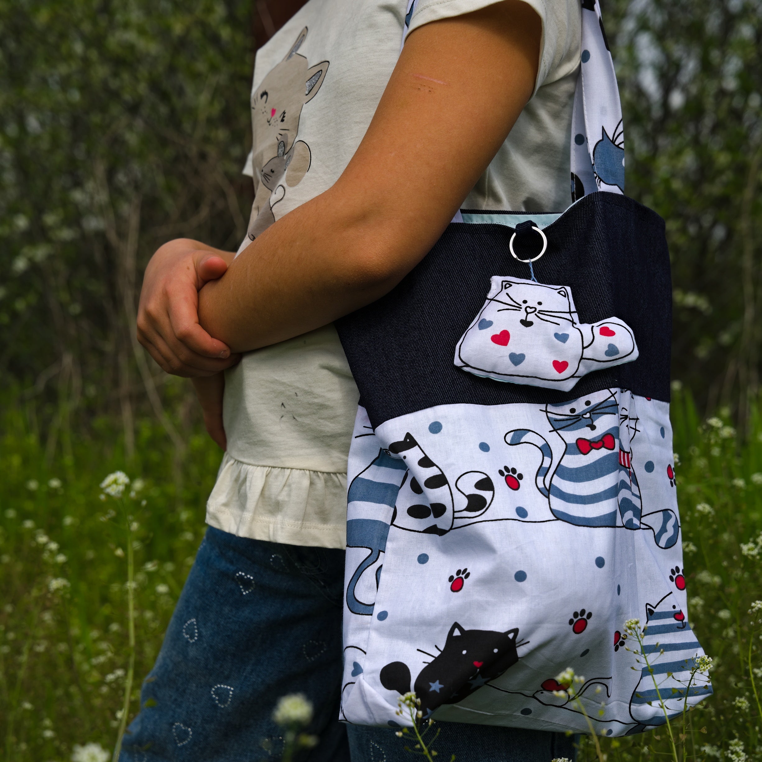 Shoulder Bag For Teenage Girls With Cat Print