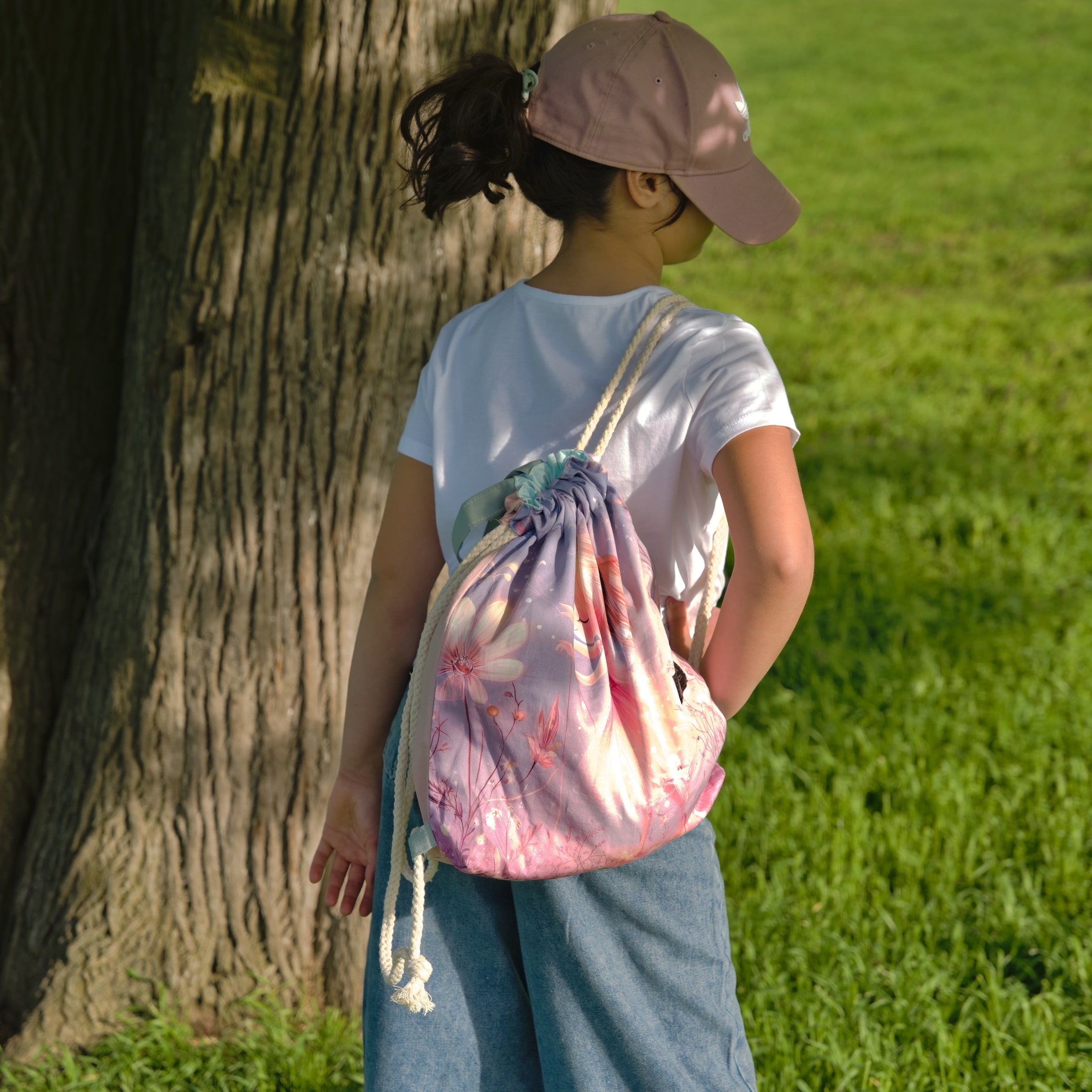 Purple Drawstring Backpack With a Print of a Girl