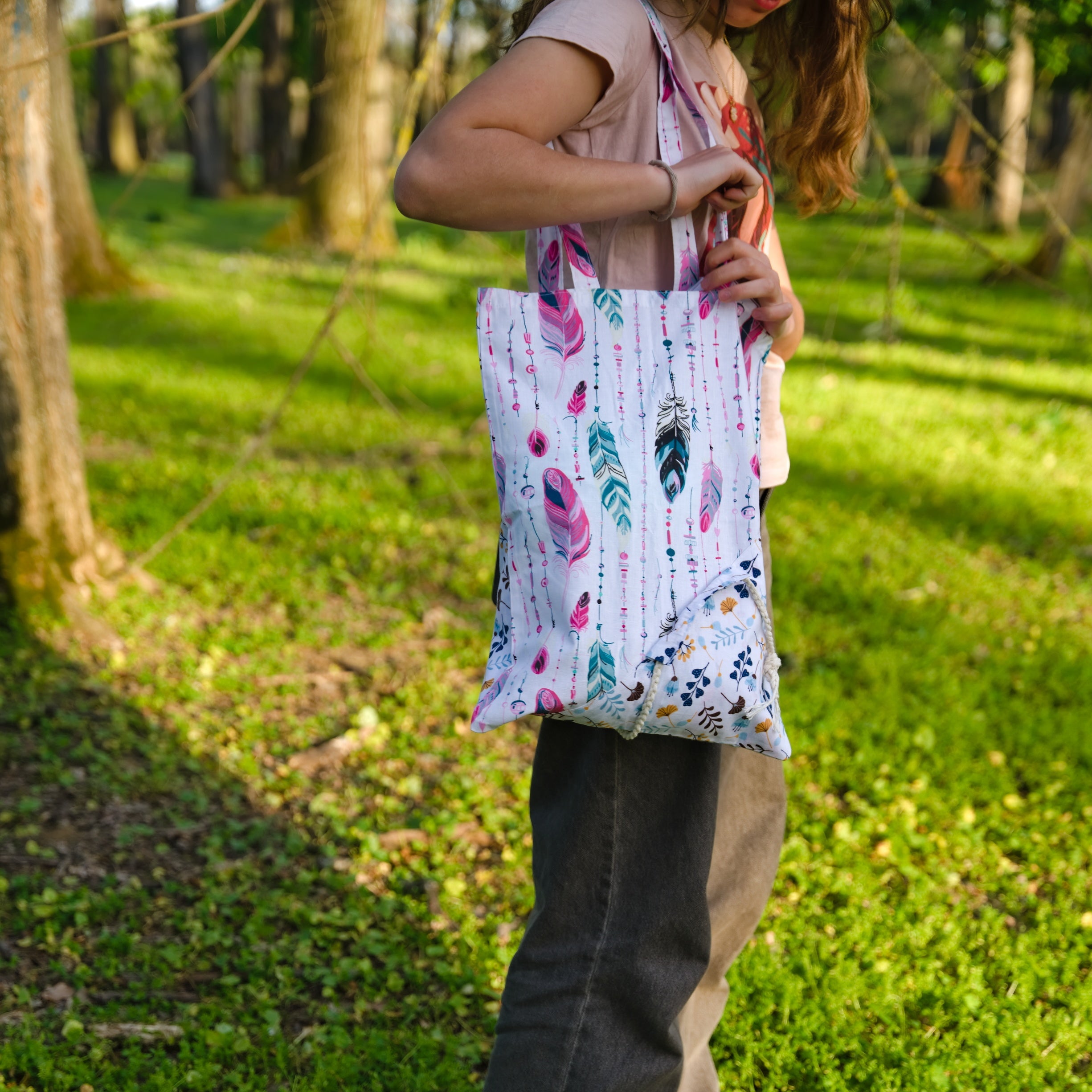 Folding Reusable Grocery Bag With Feathers Print