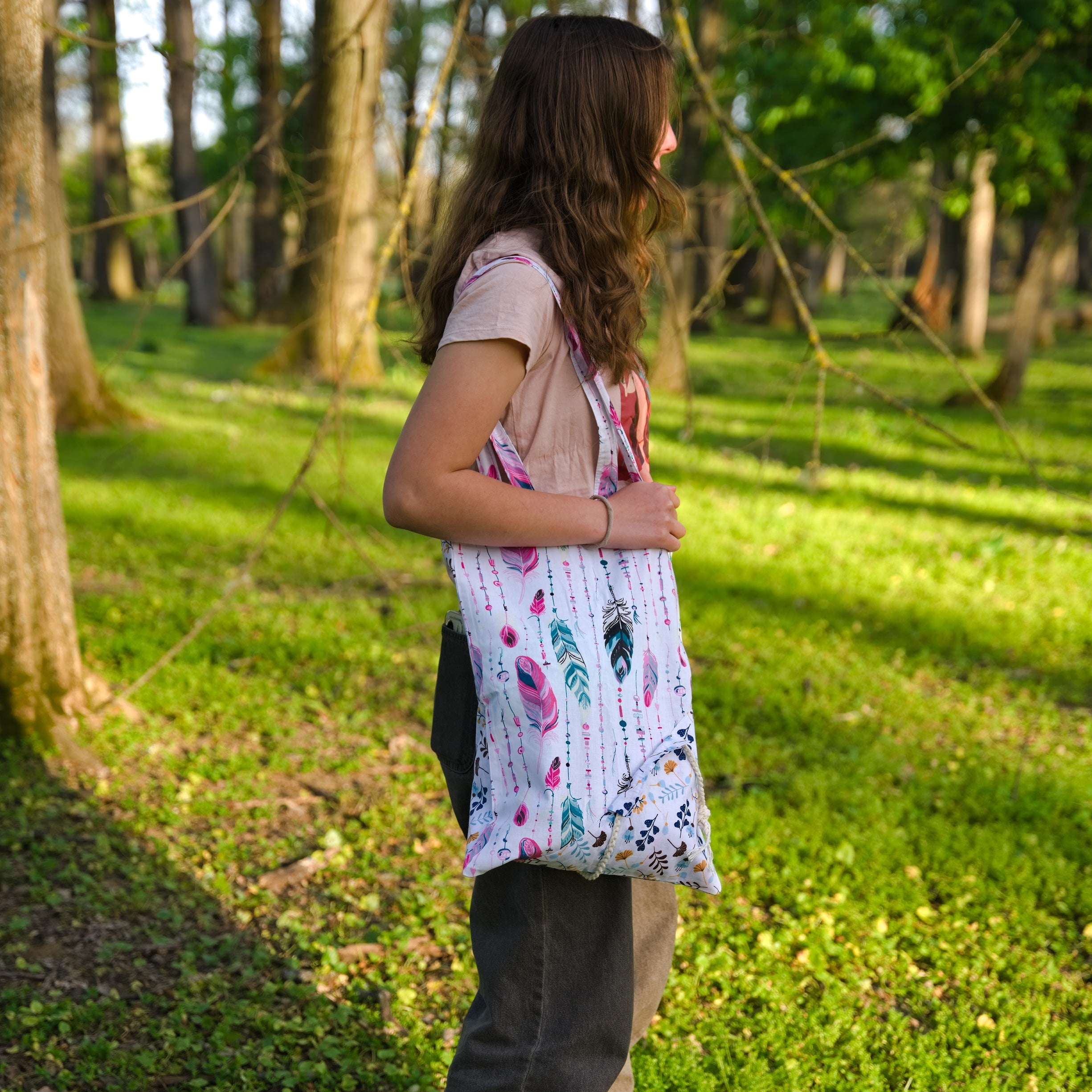 Folding Reusable Grocery Bag With Feathers Print