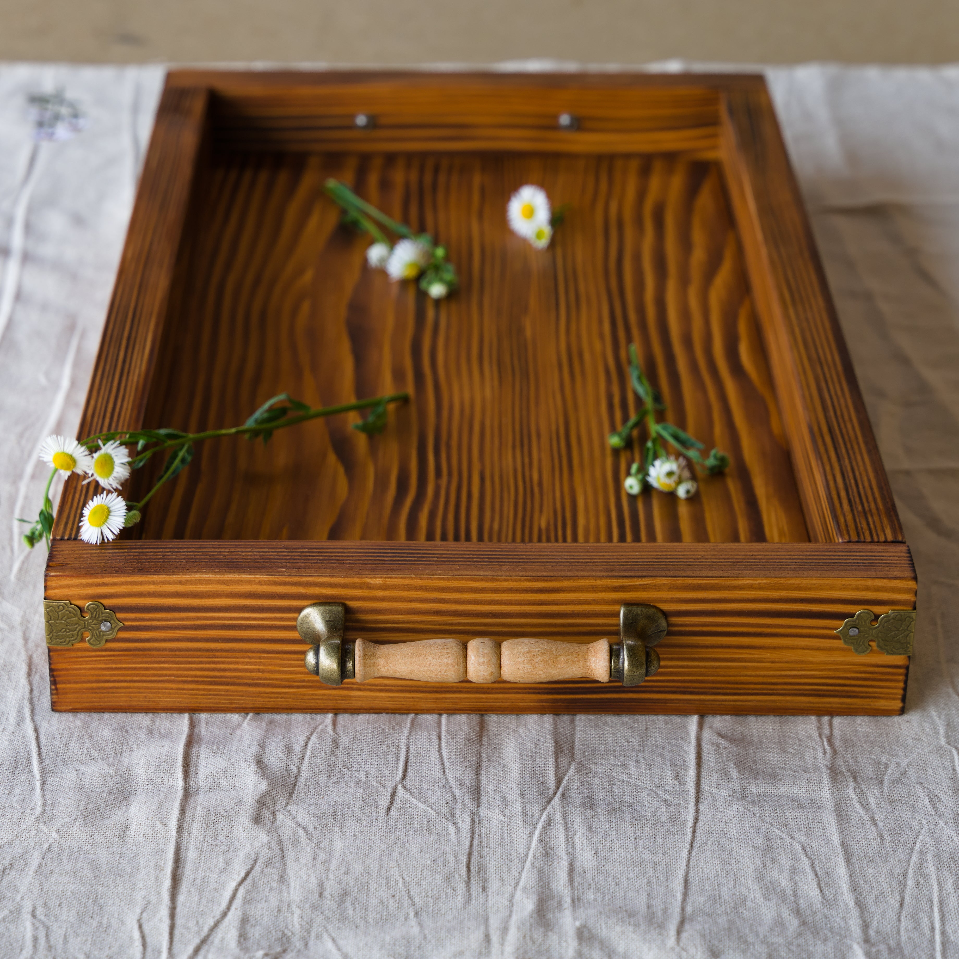 Handcrafted Teak-Stained Serving Tray with Brass Hardware