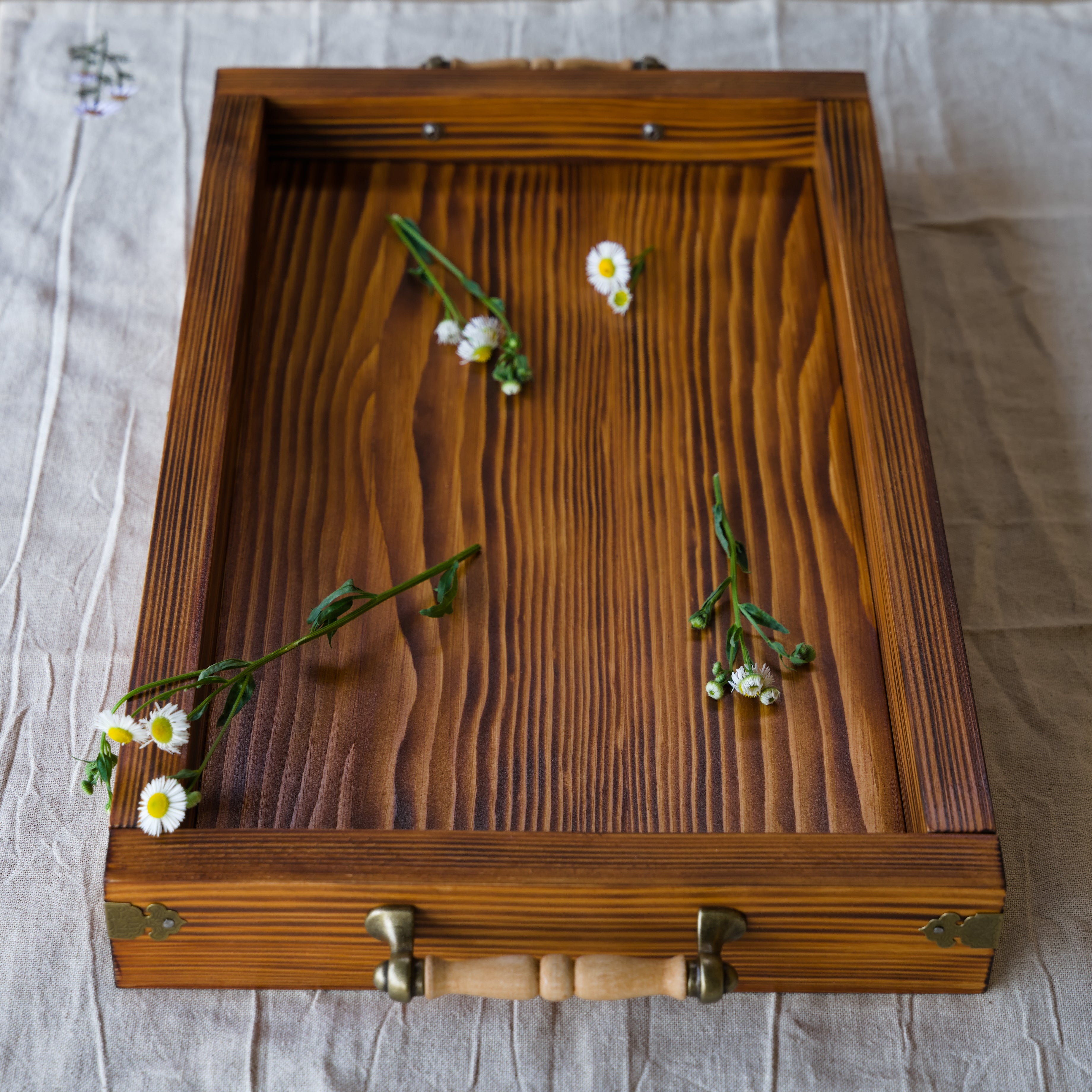 Handcrafted Teak-Stained Serving Tray with Brass Hardware