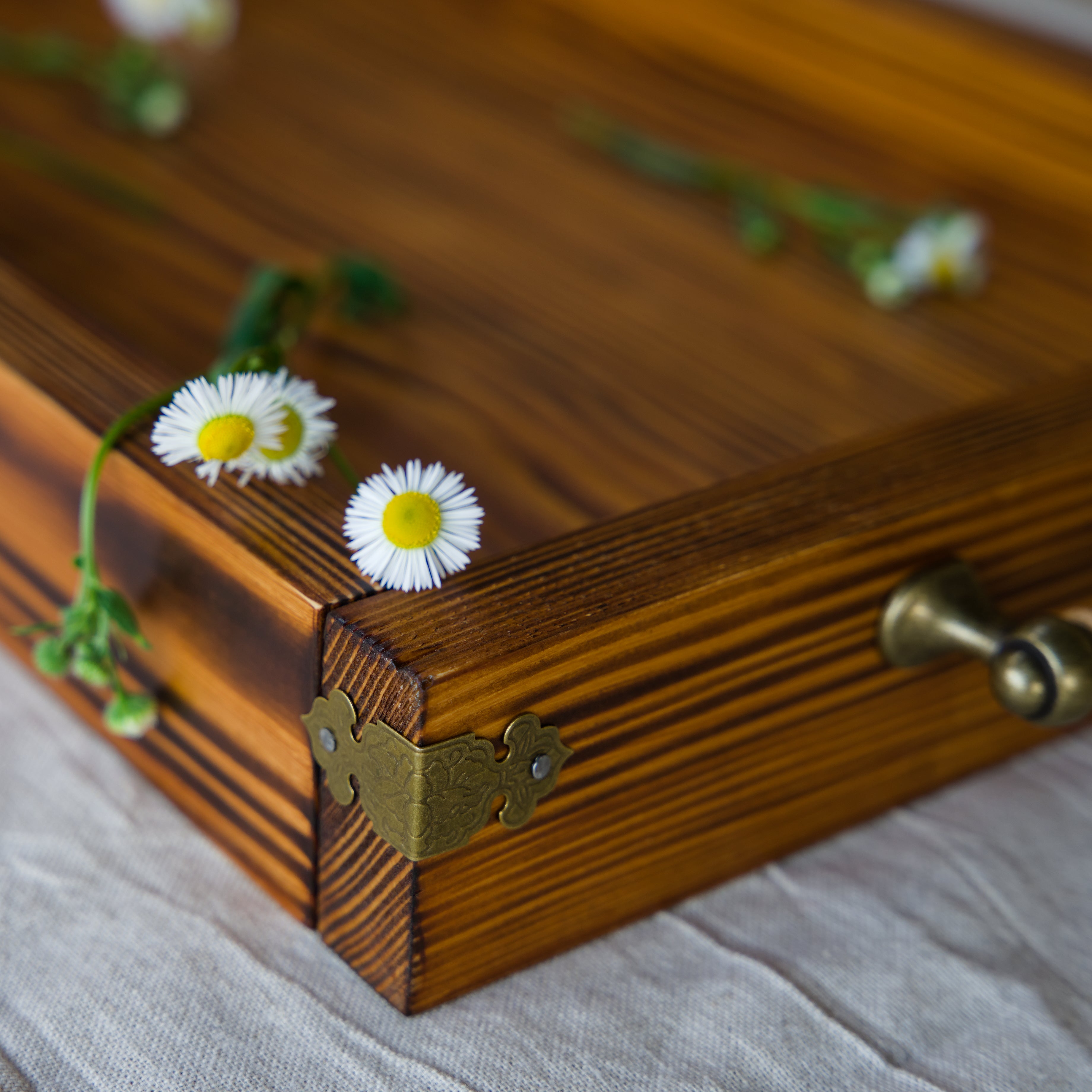 Handcrafted Teak-Stained Serving Tray with Brass Hardware