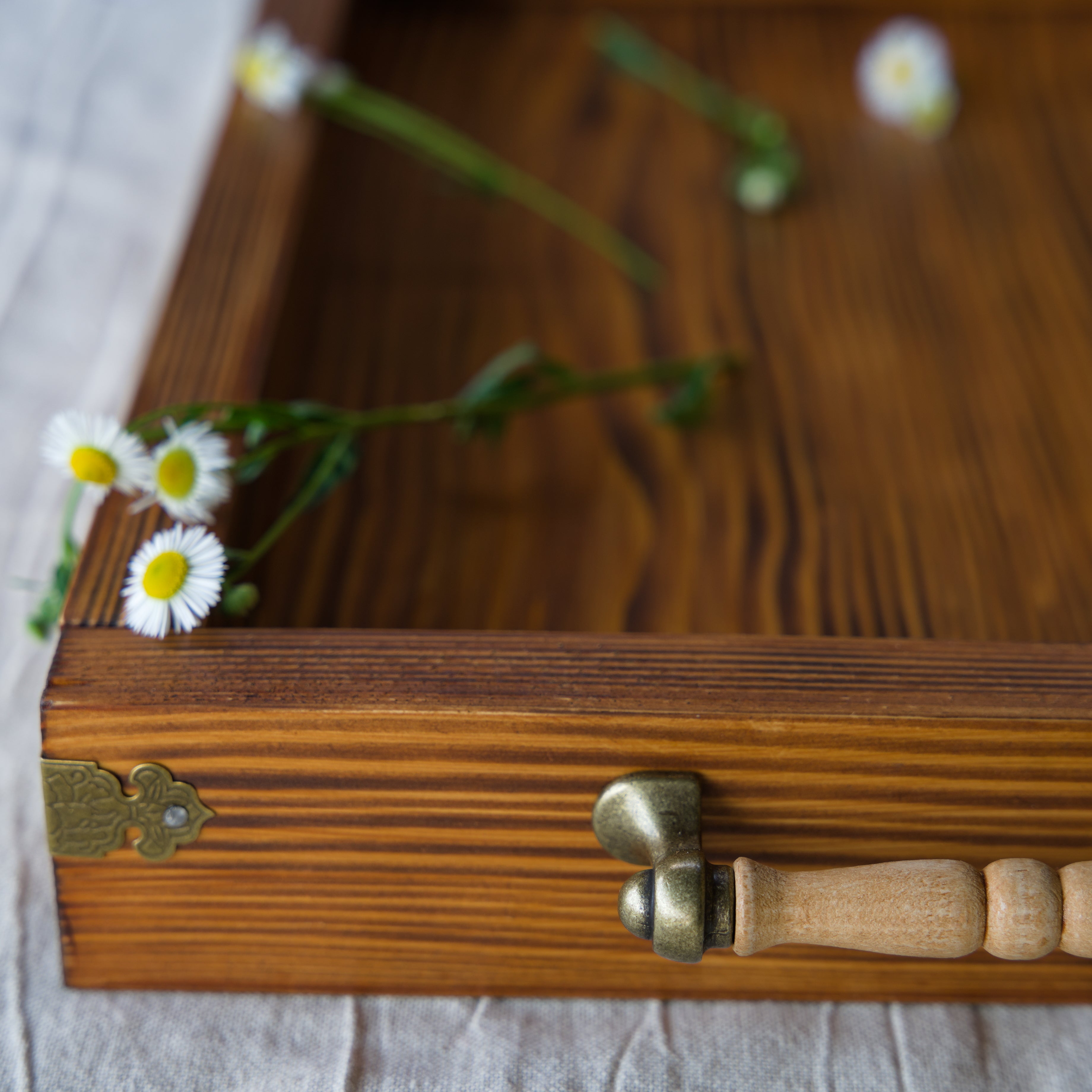 Handcrafted Teak-Stained Serving Tray with Brass Hardware