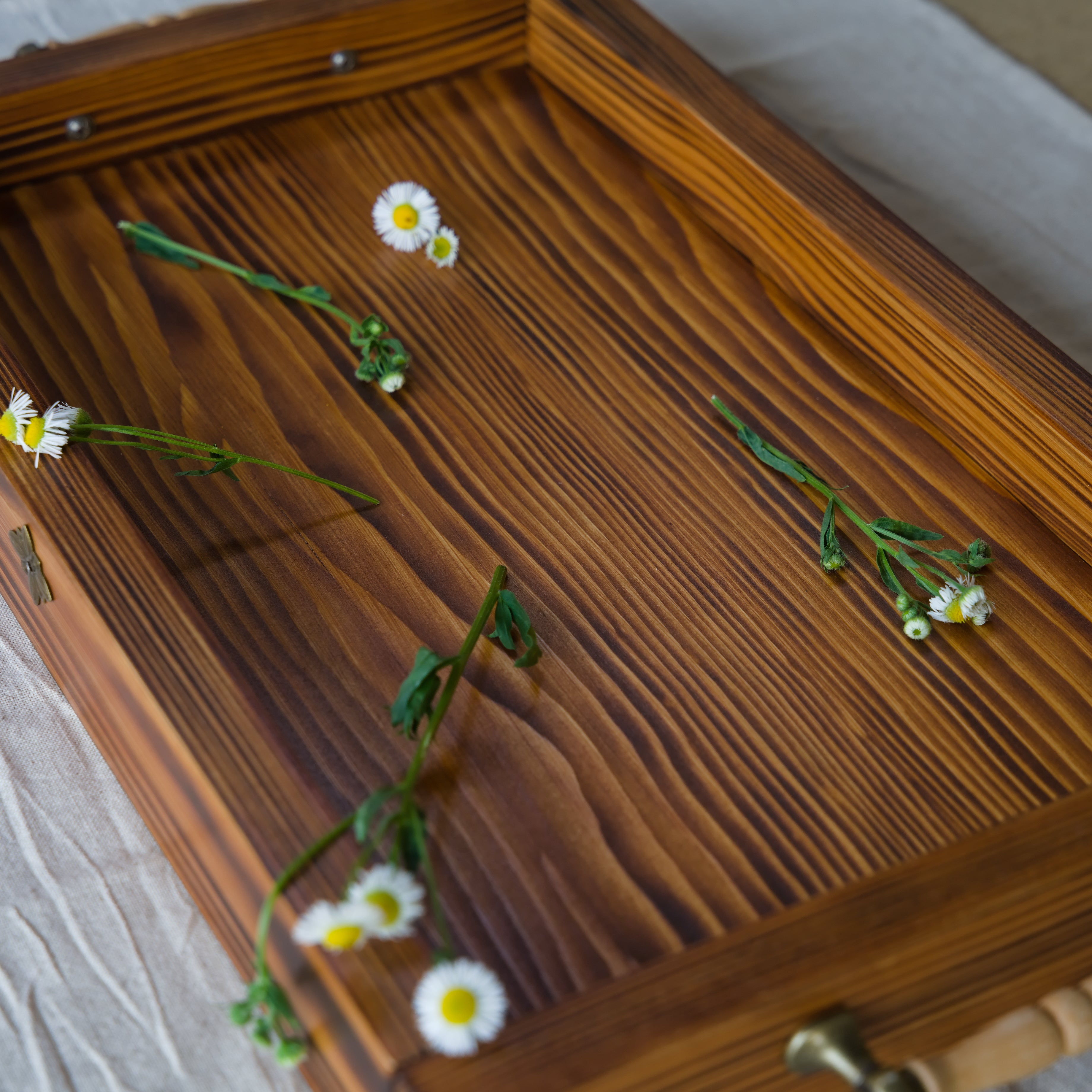 Handcrafted Teak-Stained Serving Tray with Brass Hardware