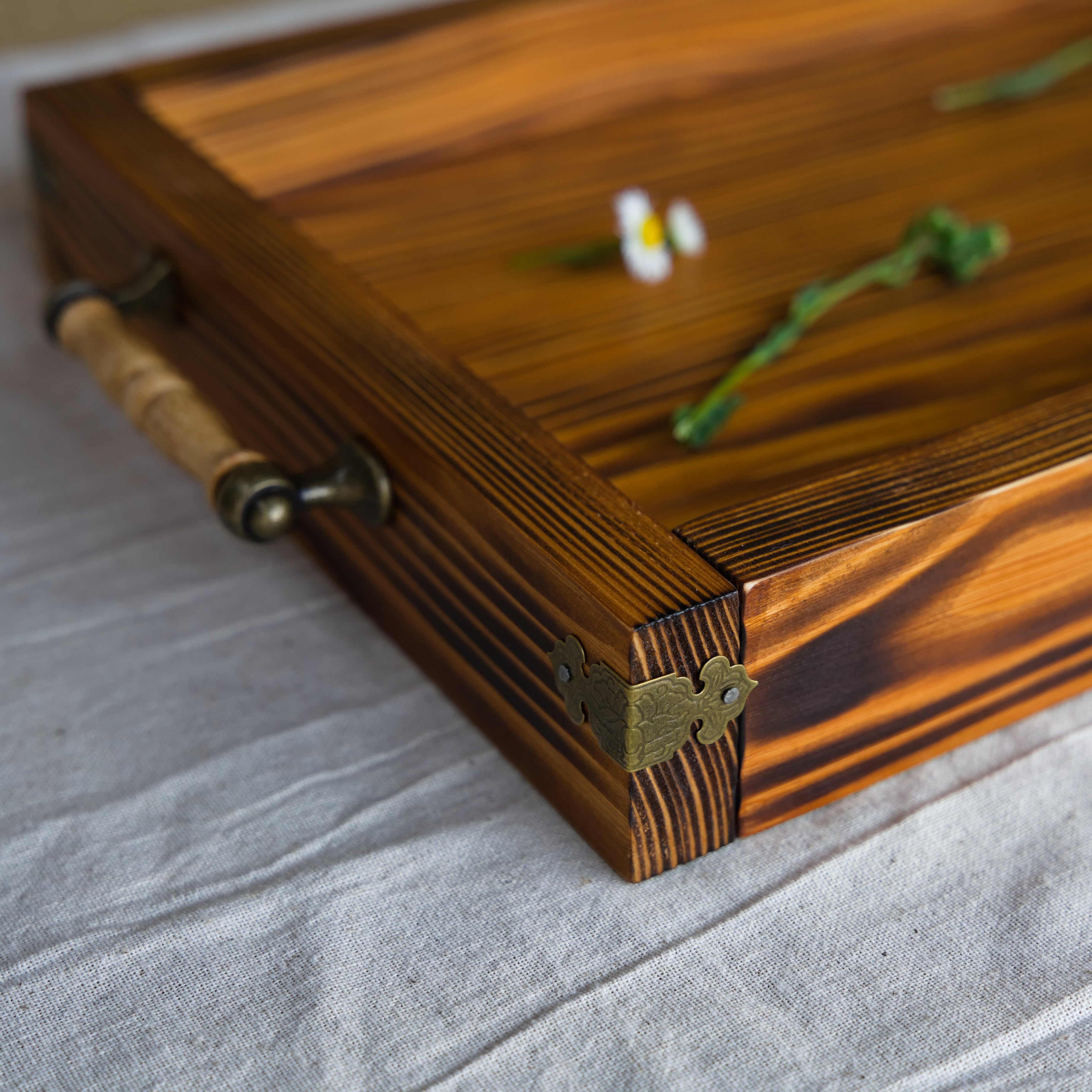 Handcrafted Teak-Stained Serving Tray with Brass Hardware