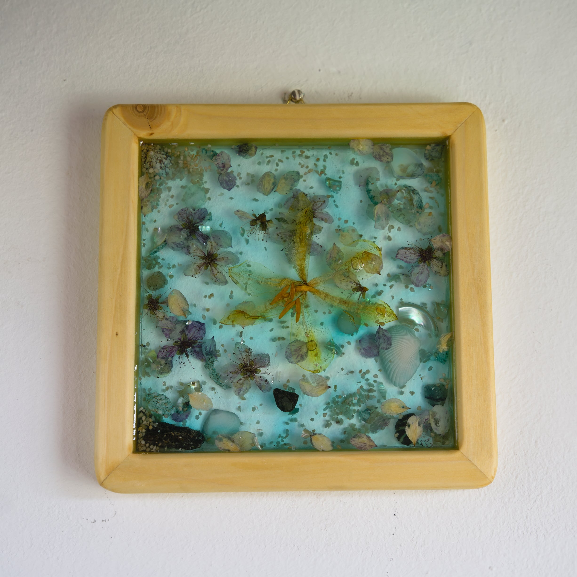 Wooden Frame Epoxy Resin Art with Dried Flora & Seashells
