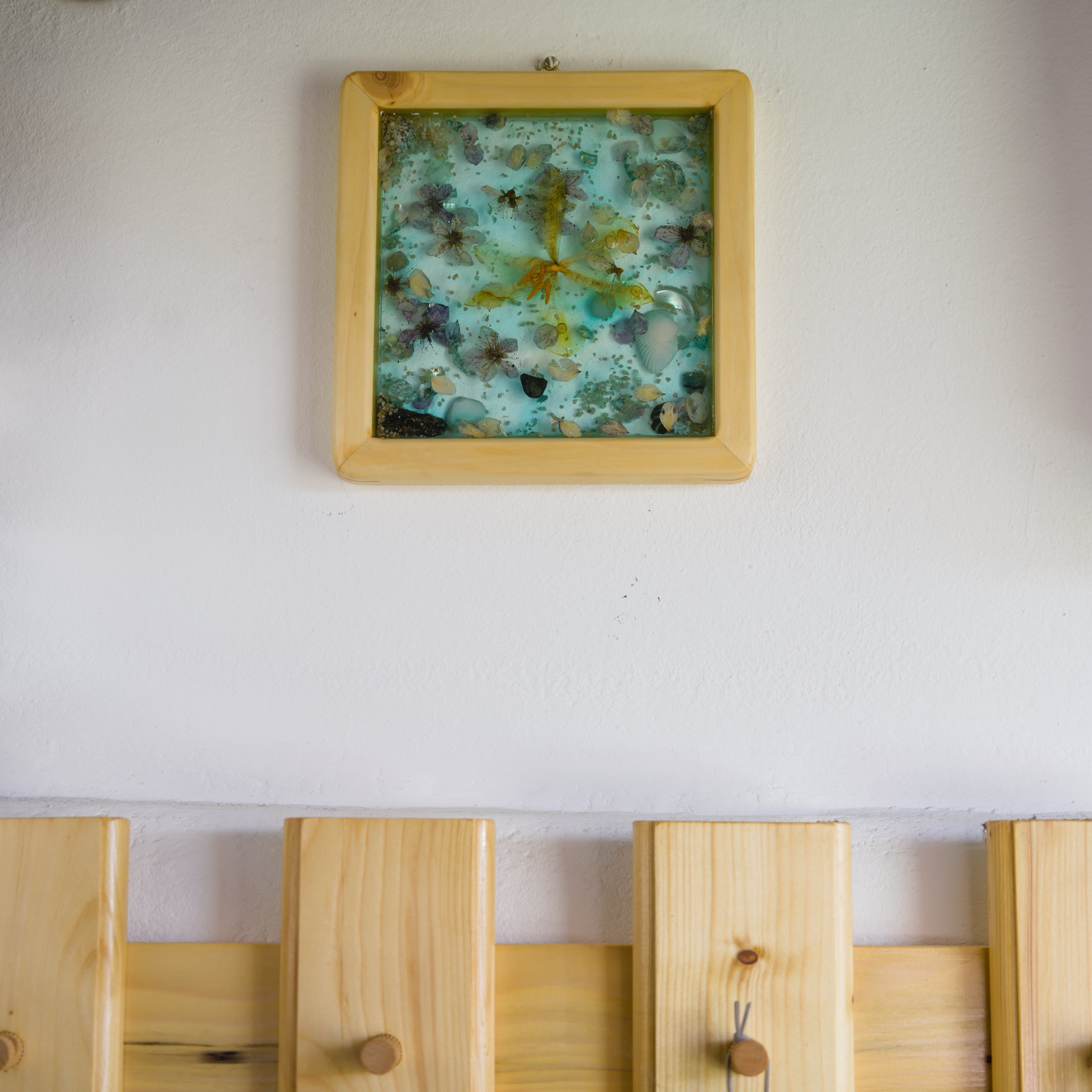 Wooden Frame Epoxy Resin Art with Dried Flora & Seashells
