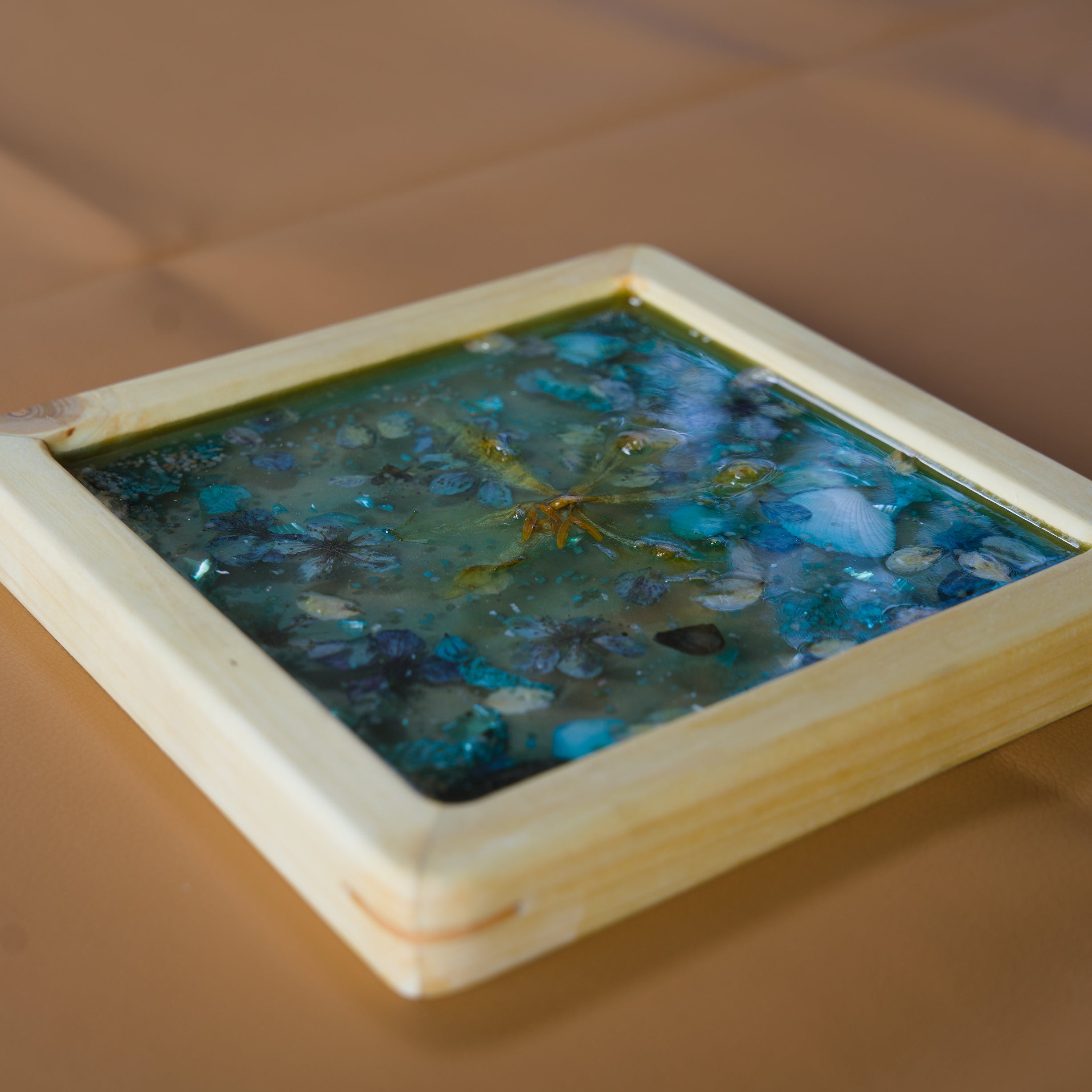 Wooden Frame Epoxy Resin Art with Dried Flora & Seashells