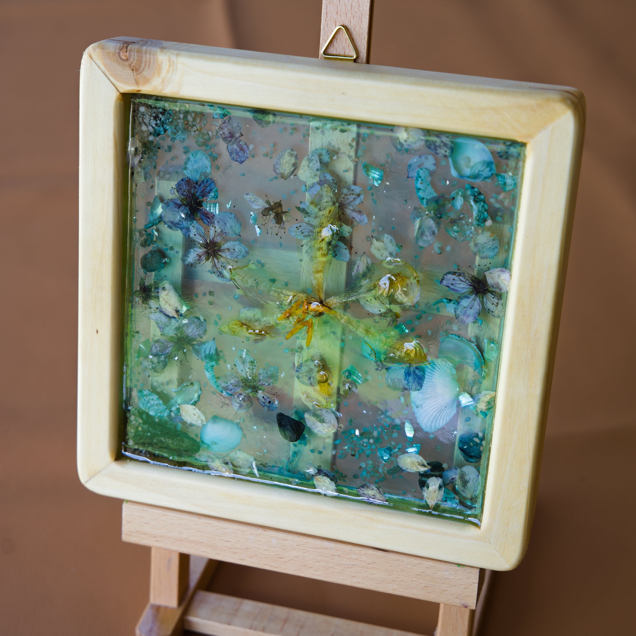 Wooden Frame Epoxy Resin Art with Dried Flora & Seashells