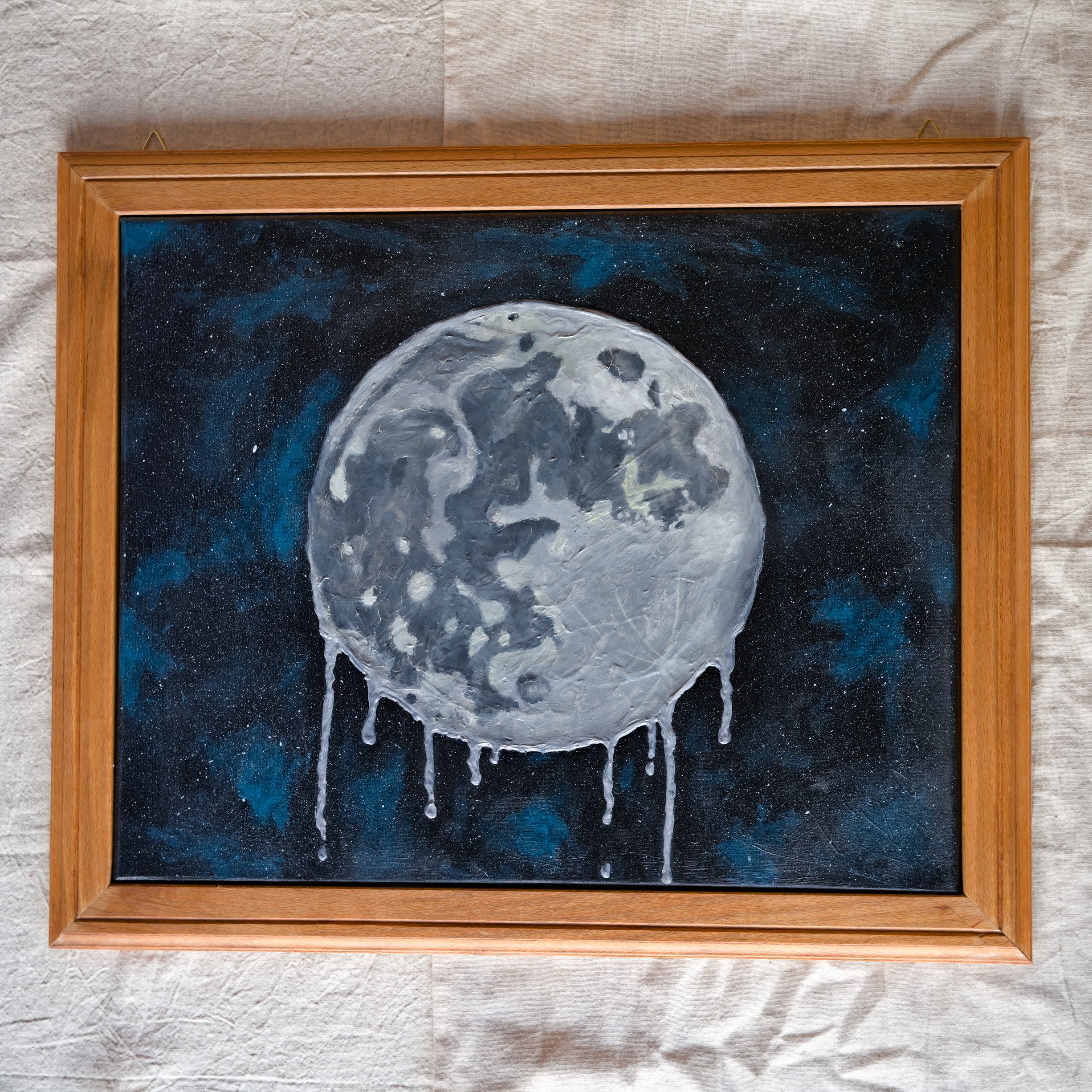 Melting Moon Canvas – Framed Space Art with Starry Night Background