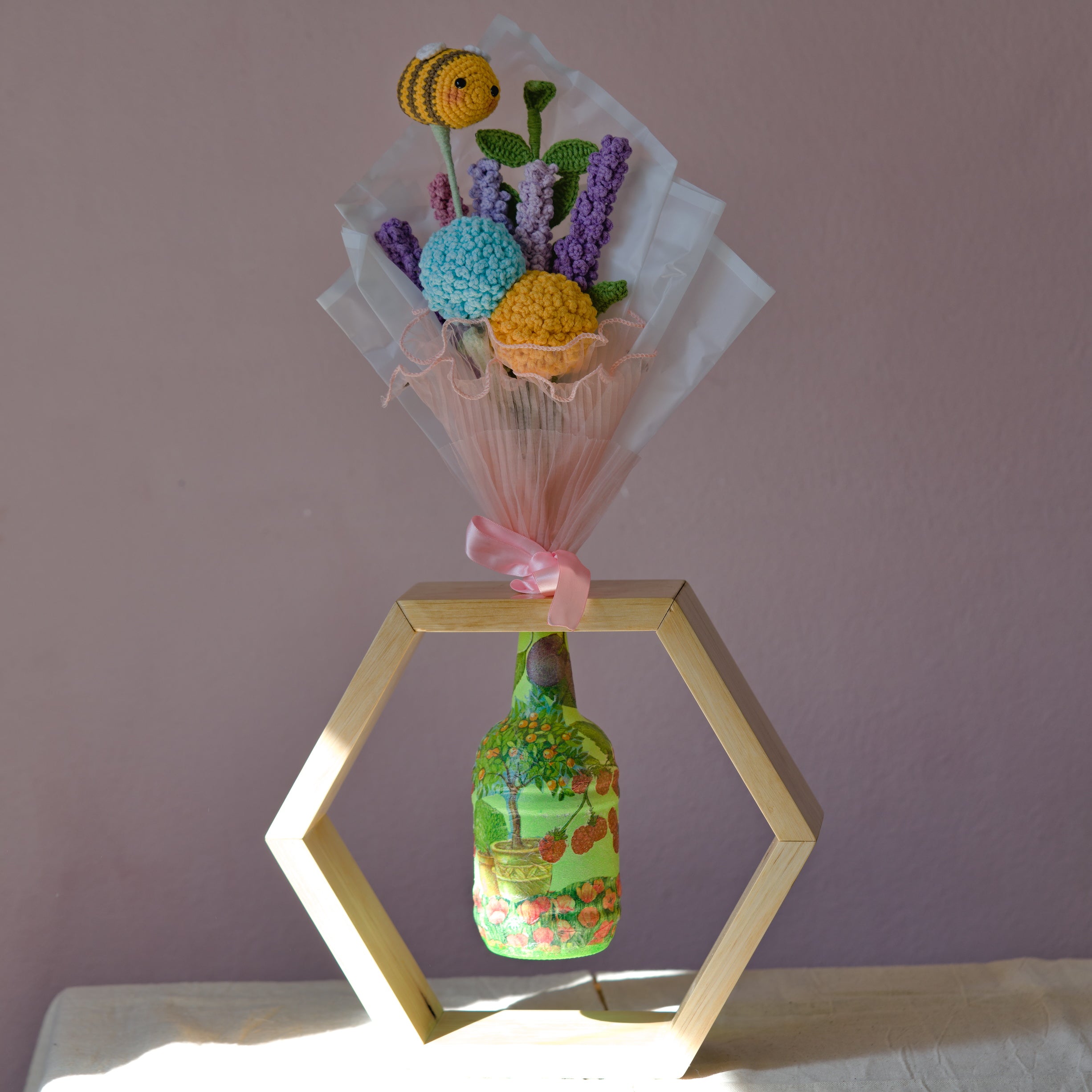 Hexagonal Floating Bottle Display with Decoupage Art