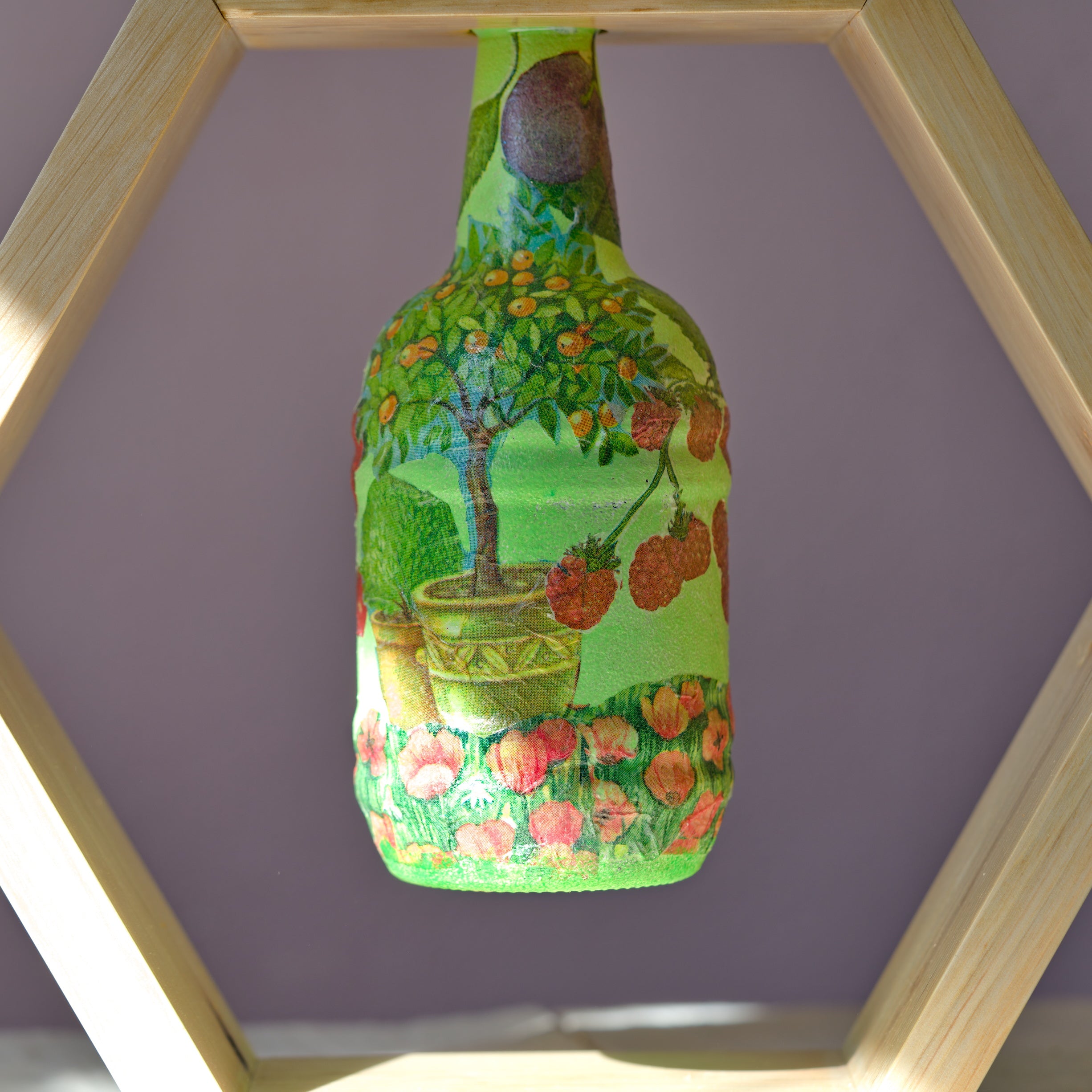 Hexagonal Floating Bottle Display with Decoupage Art