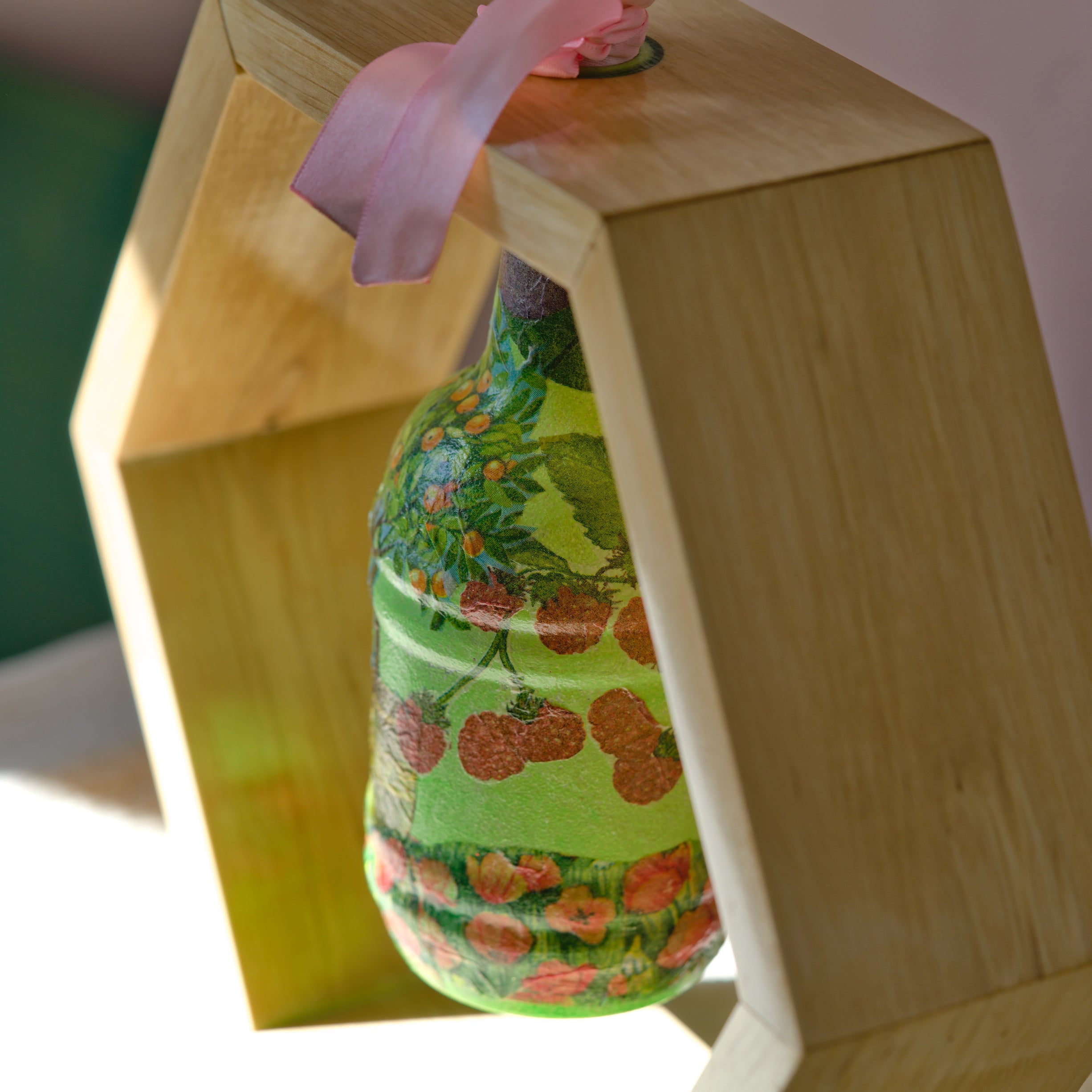 Hexagonal Floating Bottle Display with Decoupage Art